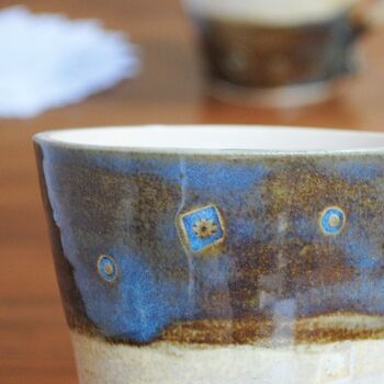 Stoneware Cup Handmade With Blue/Brown And White Stripe, 4 of 7
