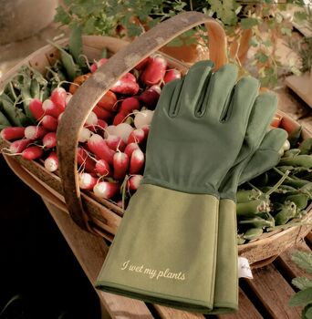 Personalised Green Leather Gauntlet Garden Gloves, 2 of 2