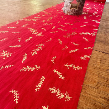 Red And Gold Chiffon Holly Leaves Christmas Table Runner 28cm X 3m, 2 of 4