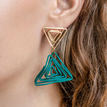 Green Double Triangle Wire Coil Drop Earrings, 2 of 3