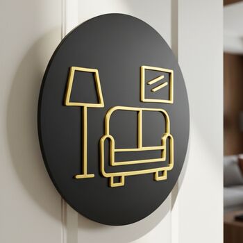 Living Room Door Sign In Matte Black Acrylic With Raised Sofa Design, 3 of 6