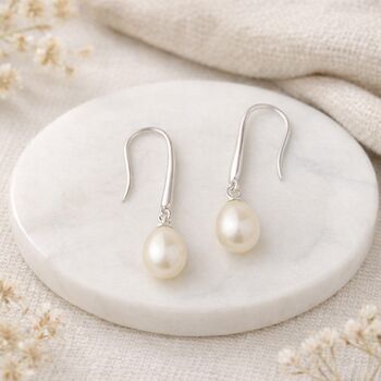 Sterling Silver White Freshwater Pearl Drop Earrings – 8mm, 3 of 5