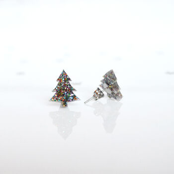 Laser Cut Rainbow Glitter Christmas Tree Earrings Studs, 2 of 9