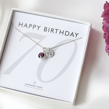 70th Birthday Gift For Her – Sterling Silver Birthstone And Personalised Number Charm Necklace, 4 of 7
