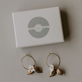 Statement Leaf And Flower Gold Hoop Bridal Earrings, 2 of 6