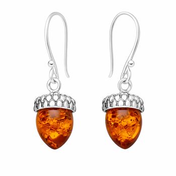 Small Sterling Silver Baltic Amber Acorn Drop Earrings – 7mm, 5 of 6