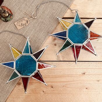 Hanging Moroccan Star Tea Light Candle Holder In Blue, 6 of 9