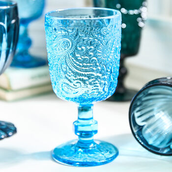 Set Of Four Lugo Paisley Embossed Blue Wine Glasses, 3 of 5