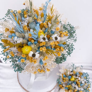 Blue And Yellow Dried Flower Bouquet With Daisies, 3 of 7