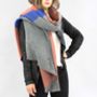 Colour Block Blanket Scarf In Coral, Blue And Grey, thumbnail 1 of 6