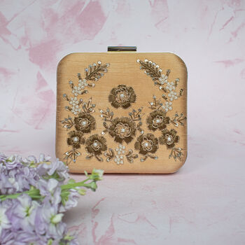 Irene Golden Peach Zardozi Embellished Clutch, 2 of 2