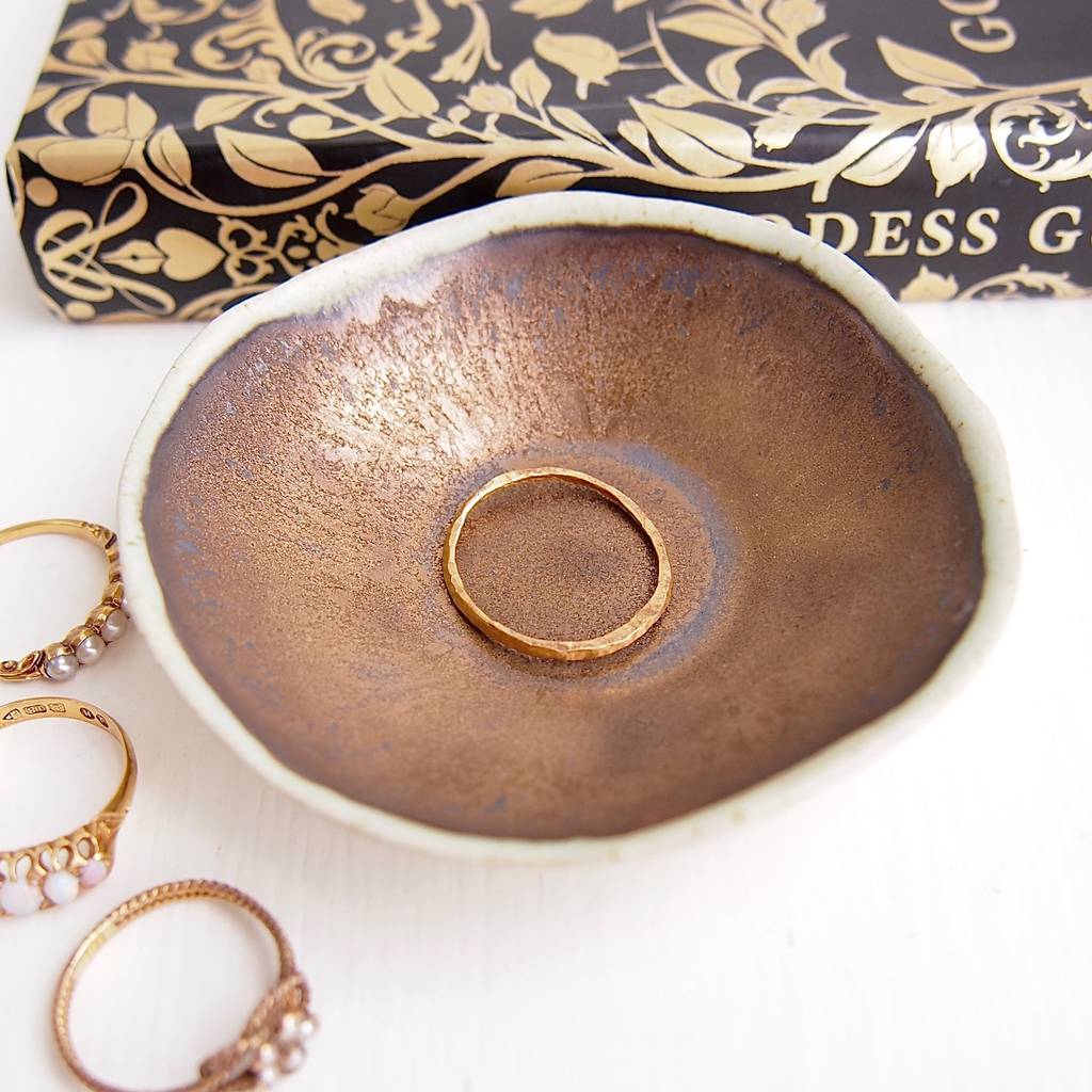 handmade mini gold ceramic pottery ring dish by
