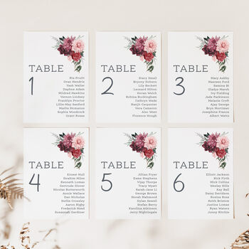Wedding Seating Plan Cards Burgundy Red Pink Florals, 2 of 7