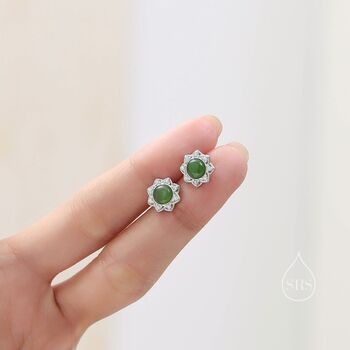 Vintage Inspired Jade Flower Cz Stud Earrings, 2 of 12