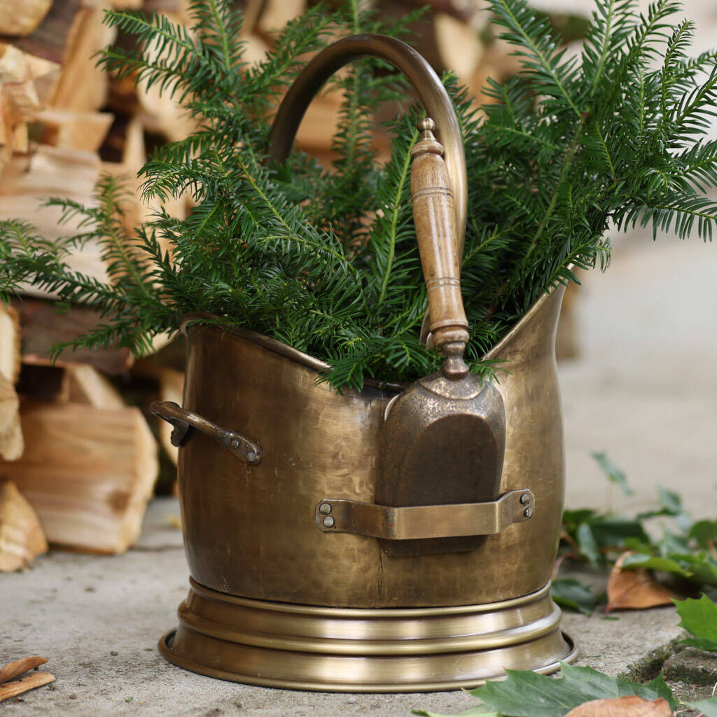 Antique Brass Coal Scuttle With Shovel By Dibor