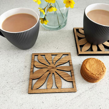 Oak Veneer Floral Coasters Set Of Four Home Gift, 5 of 8