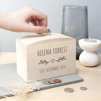 Personalised New Baby Wooden Money Box, 9 of 10