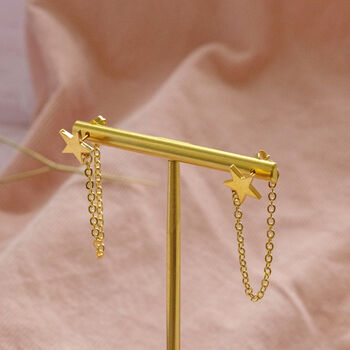 Gold Plated Star Earrings With Chain Drop Detail, 6 of 8