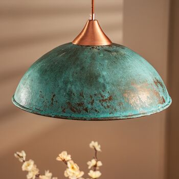Verdigris Tall Hammered Copper Pendant Light, Handcrafted Green Patina Ceiling Lamp With Copper Fixtures, 5 of 5