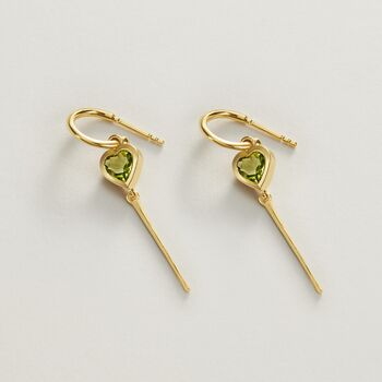 Peridot Heart Drop Hoop Earrings, 2 of 6