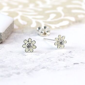 Tiny Sterling Silver White Flower Stud Earrings, 3 of 9