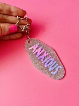 The 'Sparkly Anxious' Motel Keyring / Fun Anxiety Humour Gift For Sister, 3 of 6