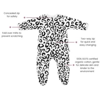 Leopard Print Zip Up Baby Sleepsuit Organic Cotton, 4 of 5