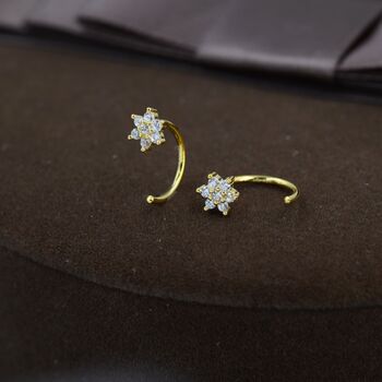 Sterling Silver Clear Cz Flower Huggie Hoop Earrings, 6 of 12