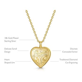 Scroll Heart Ashes Urn Necklace 18 K Gold Plated Silver, 3 of 10
