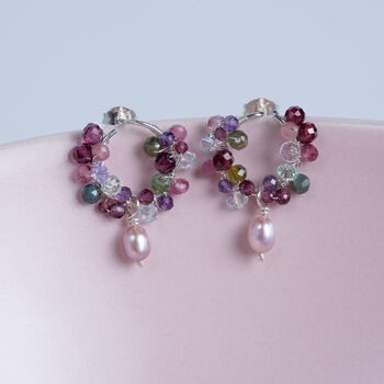 Dainty Gemstone Earrings With Rose Pearl Drop, 2 of 9