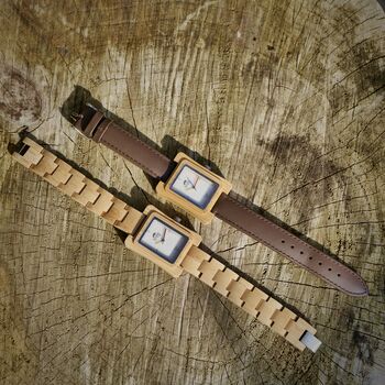 Coral White Face Bamboo Watch With Leather Strap, 7 of 8