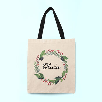 Personalised Christmas Wreath Linen Tote Bag, 2 of 4