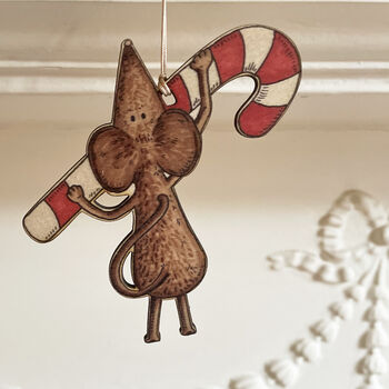 Candy Cane Christmas Mouse Wooden Tree Decoration, 2 of 4