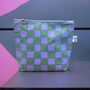 Large Cosmetic Bag Purple Checkered Pattern On Teal, thumbnail 1 of 3