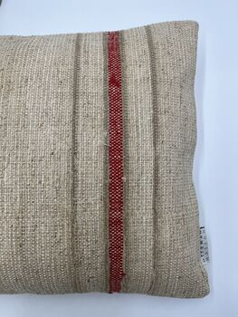 Oblong, Natural, Hemp, Neutral, Woven, Grain Sack, Striped Cushion With Cotton Reverse Red And Ochre Stripe, 5 of 5