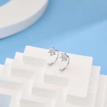 Sterling Silver Clear Cz Flower Huggie Hoop Earrings, 7 of 12