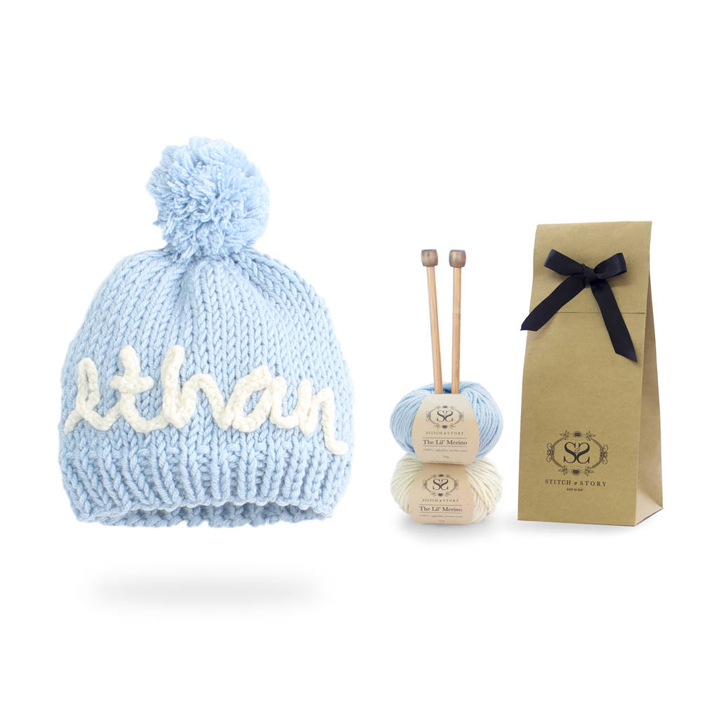 knit your own baby personalised name hat kit by stitch & story