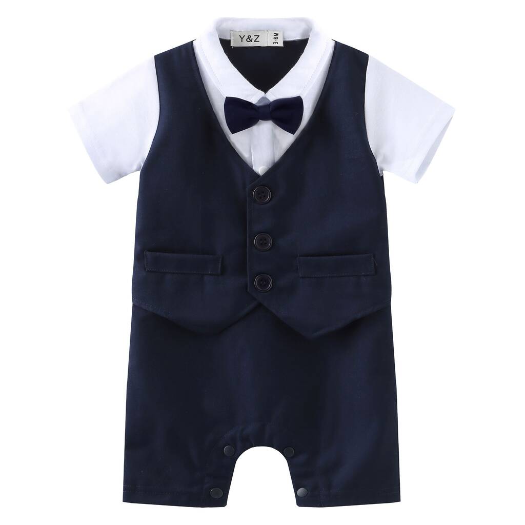 Baby Boy's All In One Short Outfit With Bow Tie, 1 of 2