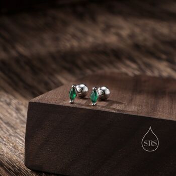 Tiny Emerald Green Cz Marquise Screw Back Earrings, 2 of 12