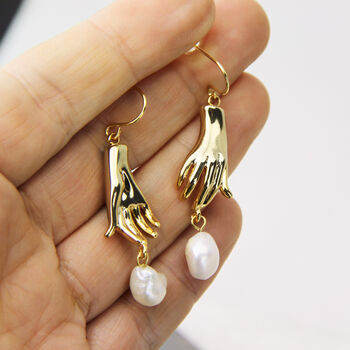 Gold Plated Hand And Pearl Dangle Earrings, 2 of 9