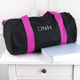 Monogrammed Barrel Gym Bag In Black And Fuchsia, thumbnail 5 of 8