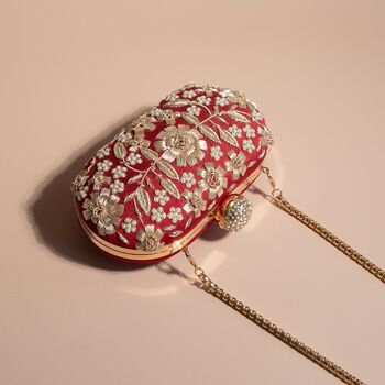 Asha, Oval Red Silk Embroidered Clutch, 5 of 5