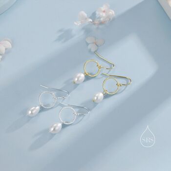 Sterling Silver Genuine Freshwater Pearl Drop Hook Earrings With Circle, 6 of 10