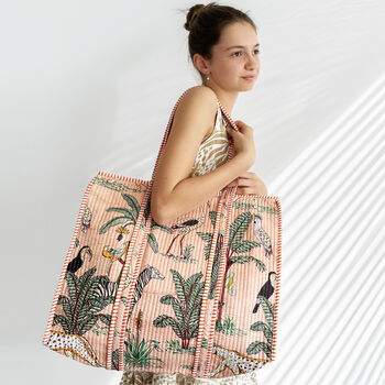 Jungle Print Large Quilted Cotton Tote Bag In Peach, 3 of 7