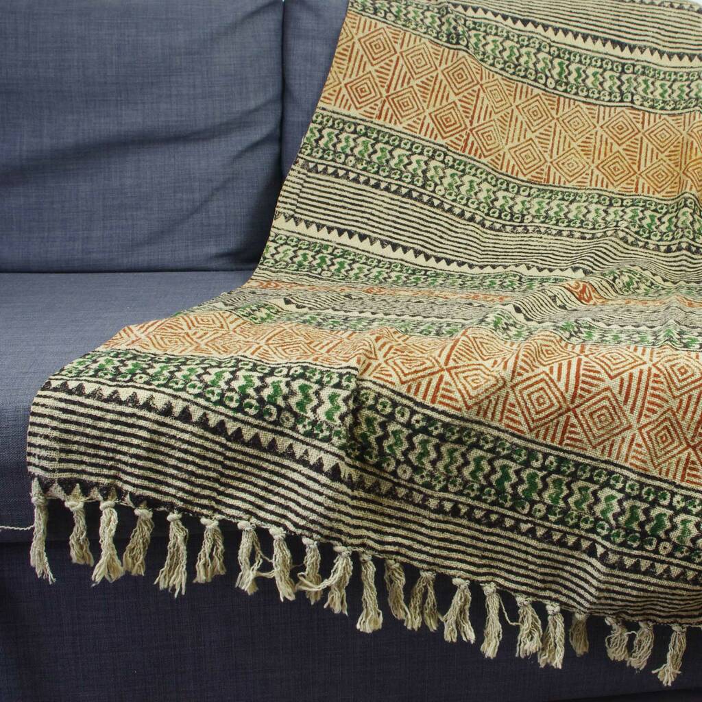 Block Printed Cotton Throw With Tassels 'Amazonia' By Reason Season