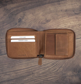 Men's Zip Around Cognac Leather Wallet Soft Leather Rfid Protected, 4 of 7