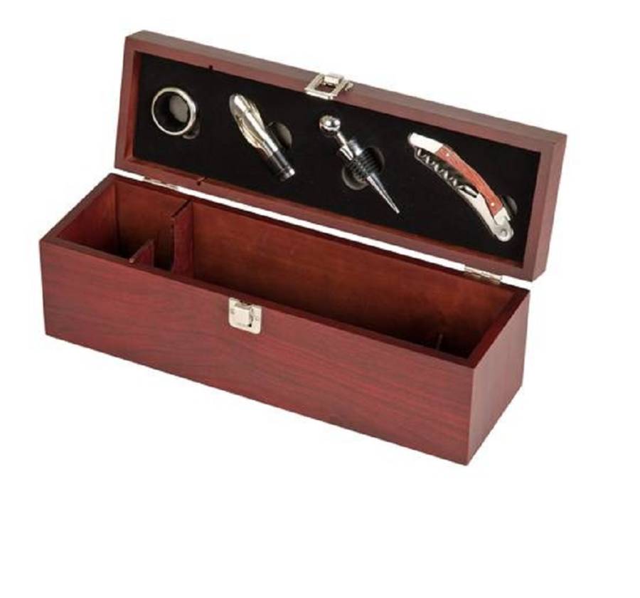 Personalised Wooden Wine Box With Four Bar Accessories By British and