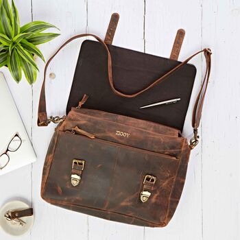 Personalised Brown Leather Satchel Style Messenger Bag, 2 of 11