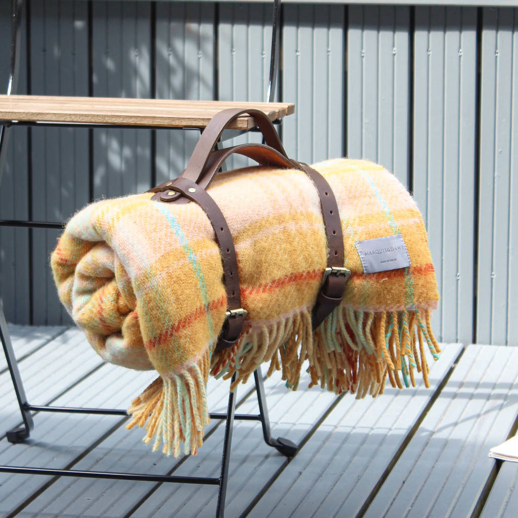 Yellow Check Wool Picnic Blanket Leather Straps By Marquis & Dawe