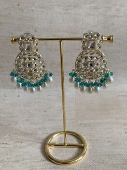 Green Gold Plated Kundan Earrings And Tikka Set, 4 of 4